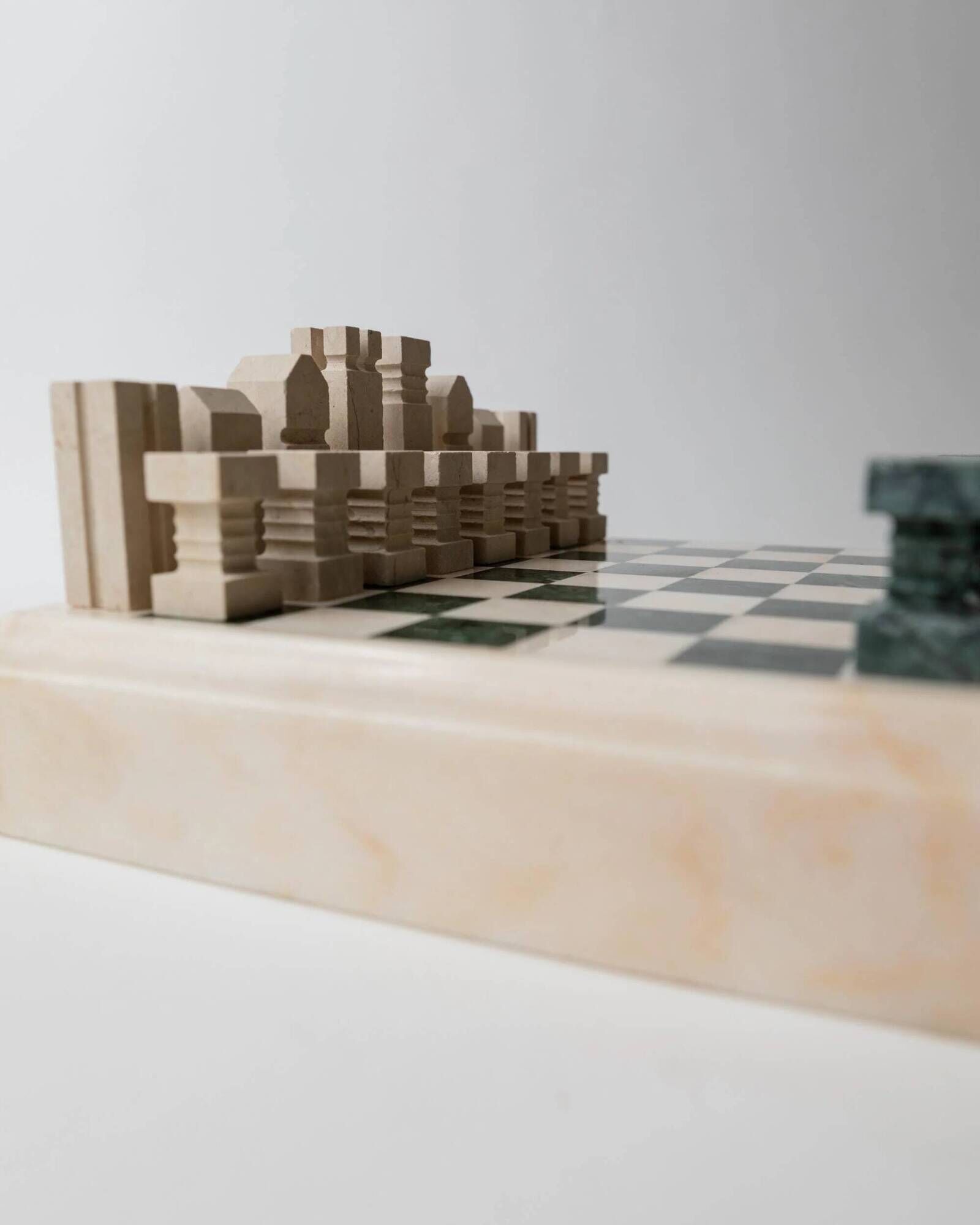Vintage marble chess set from the 1970s, green and beige stone board, heavy design, geometric pieces, sculptural tabletop game, gift idea.