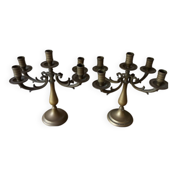 Pair of large 5-light candlesticks in patinated brass, classical style.