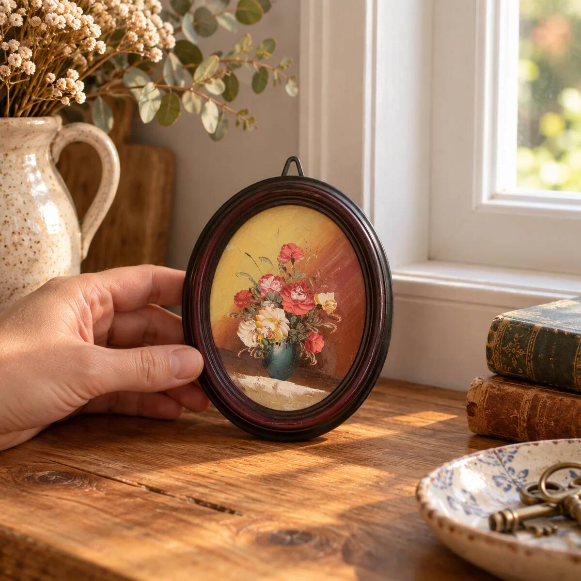 Small vintage oval painting – Raised bouquet of flowers – Retro burgundy frame