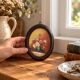 Small vintage oval painting – Raised bouquet of flowers – Retro burgundy frame