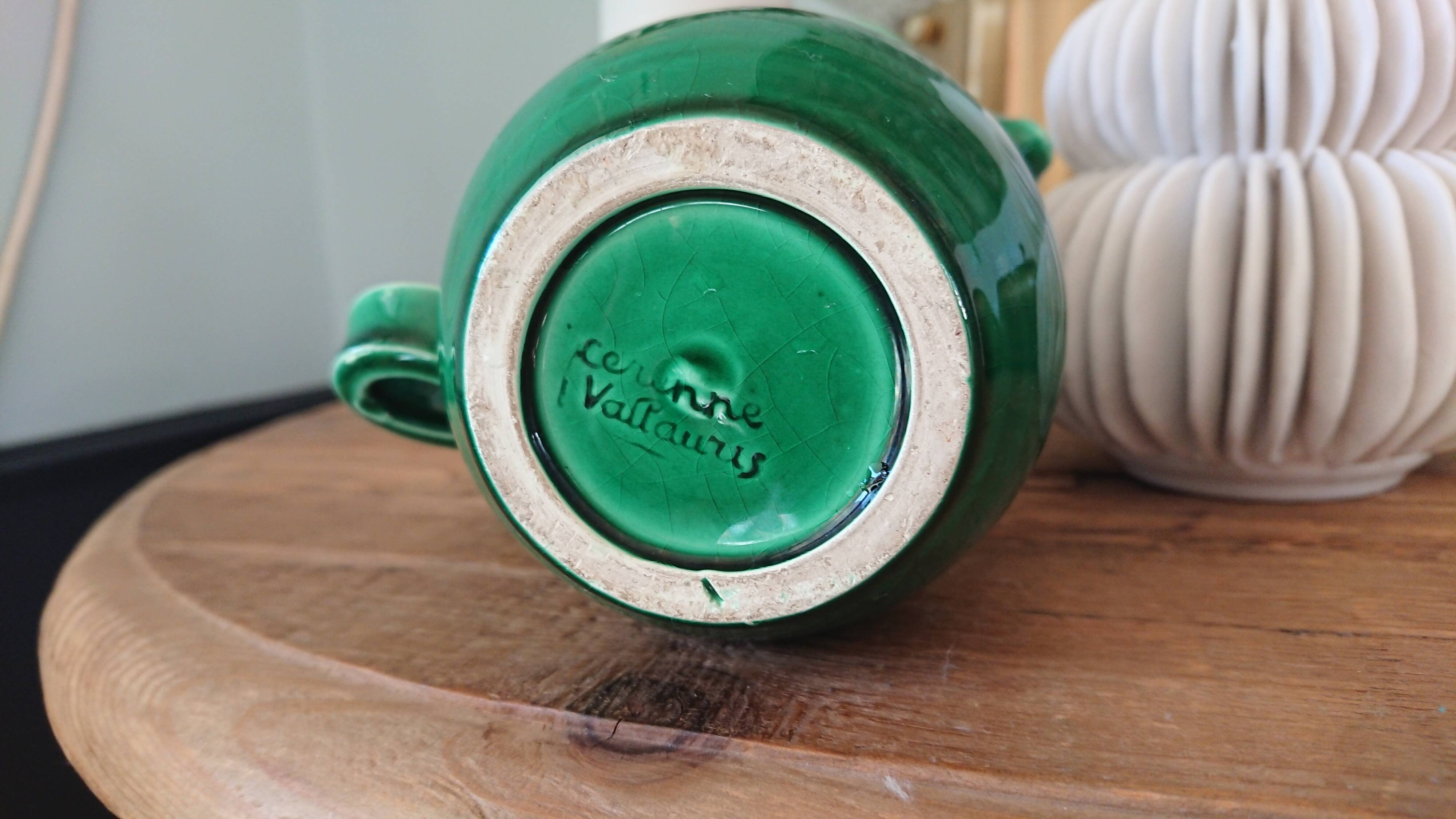 Pitcher signed Cerenne Vallauris in green ceramics