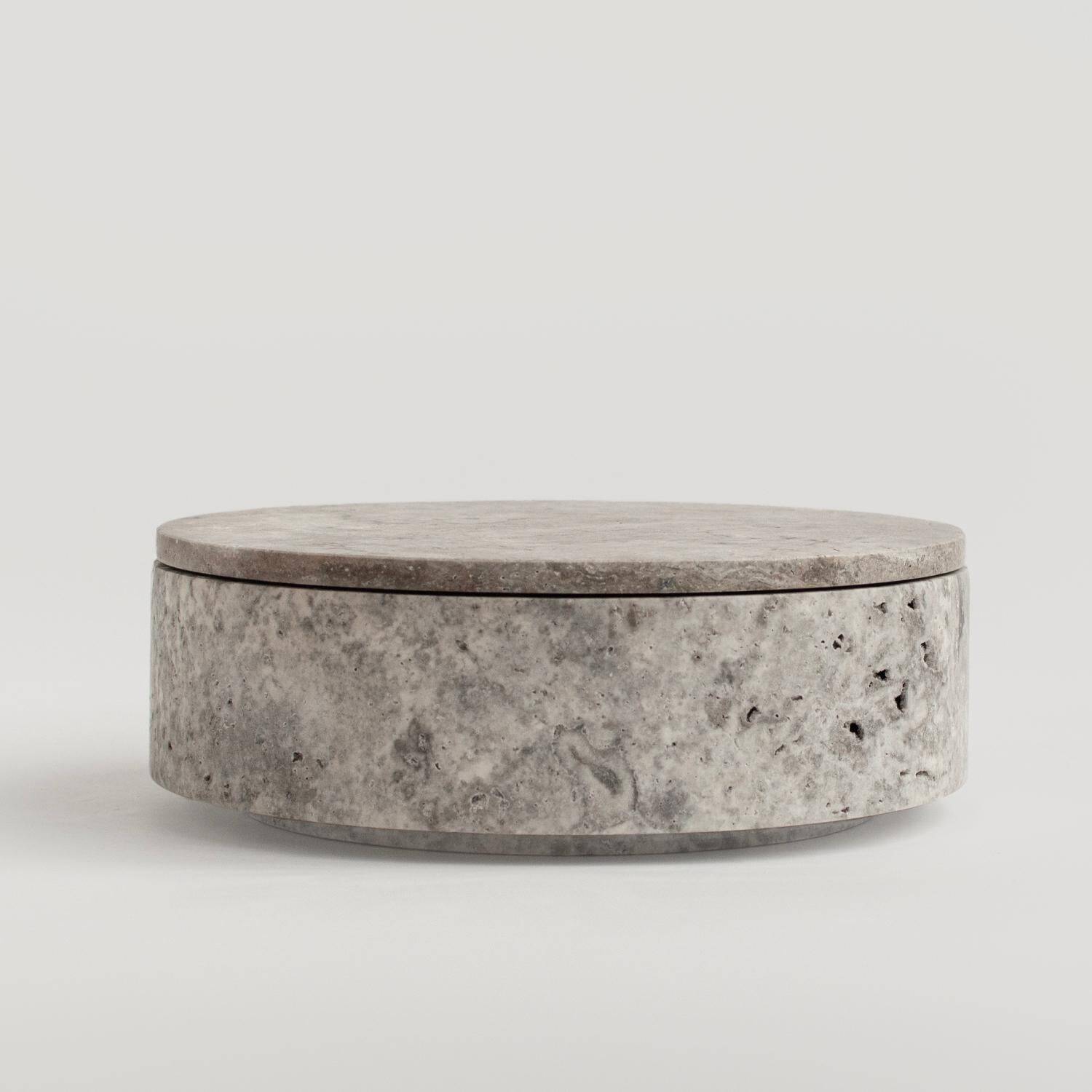 Silver travertine cylindrical bowl with lid
