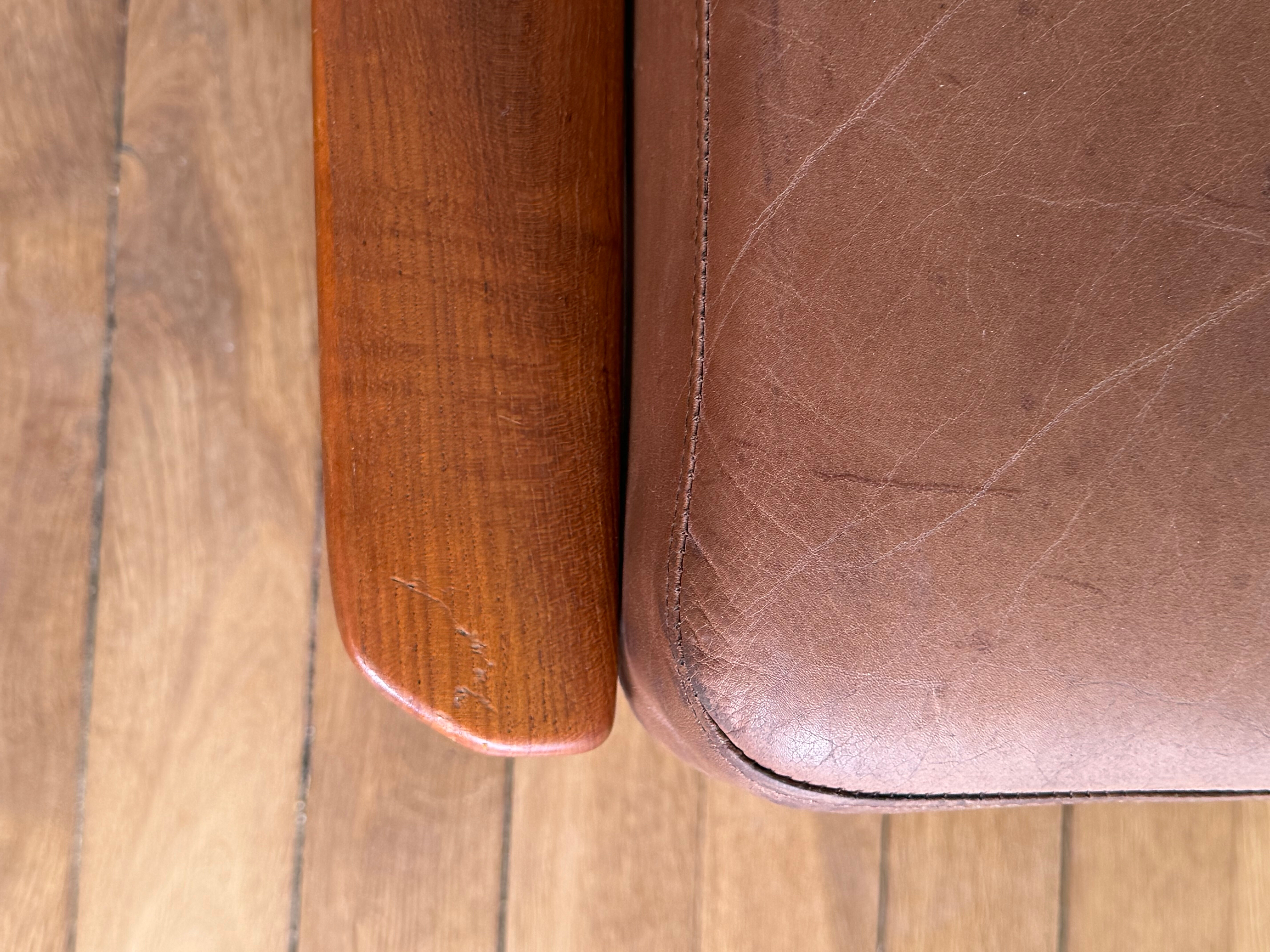 Ottoman tabouret teck et cuir scandinave vintage