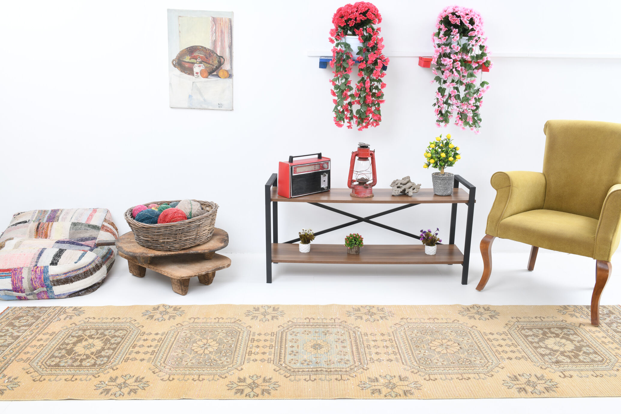 Shabby chic oushak runner rug 333x82cm