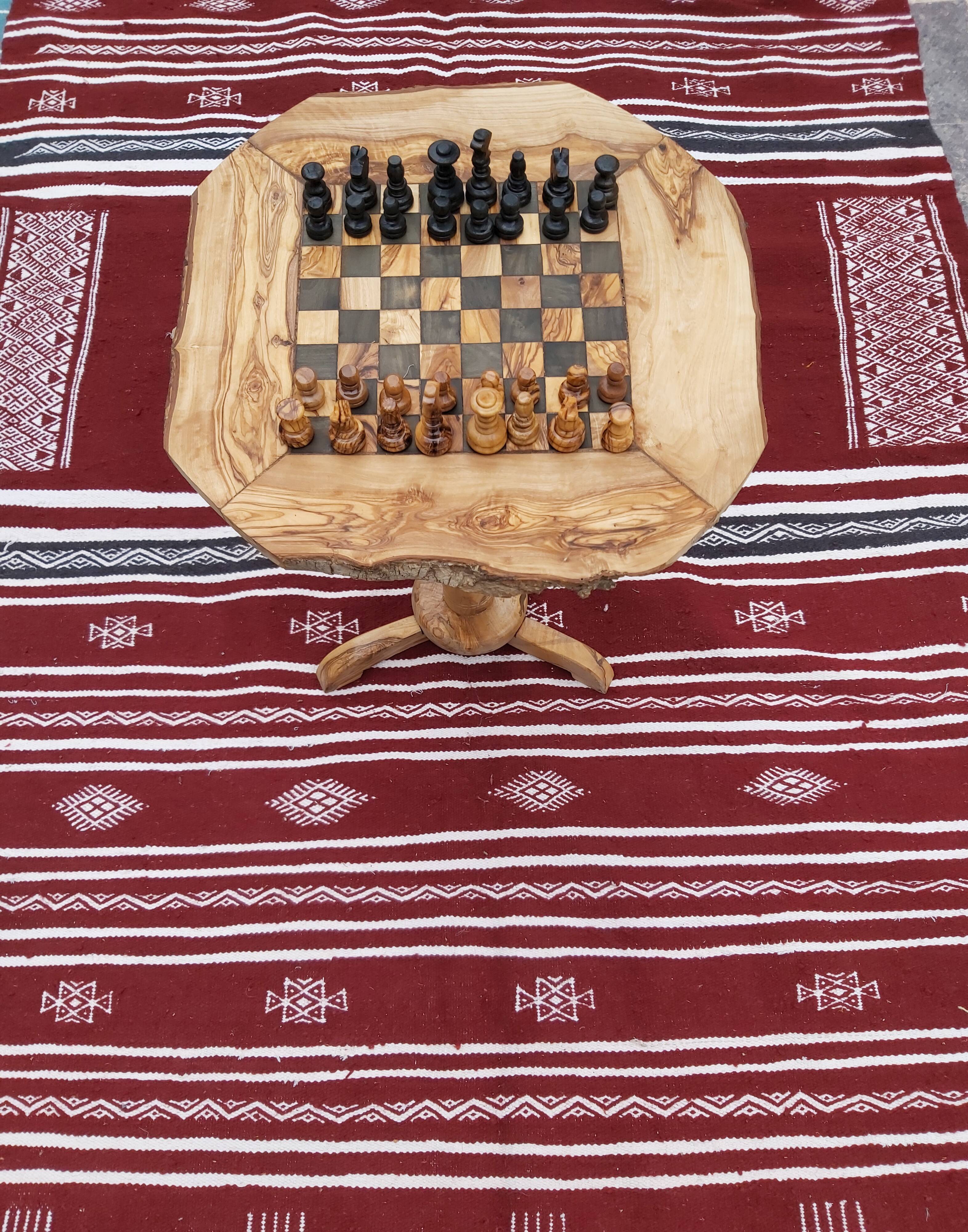 Chess table with handmade drawers made of olive wood