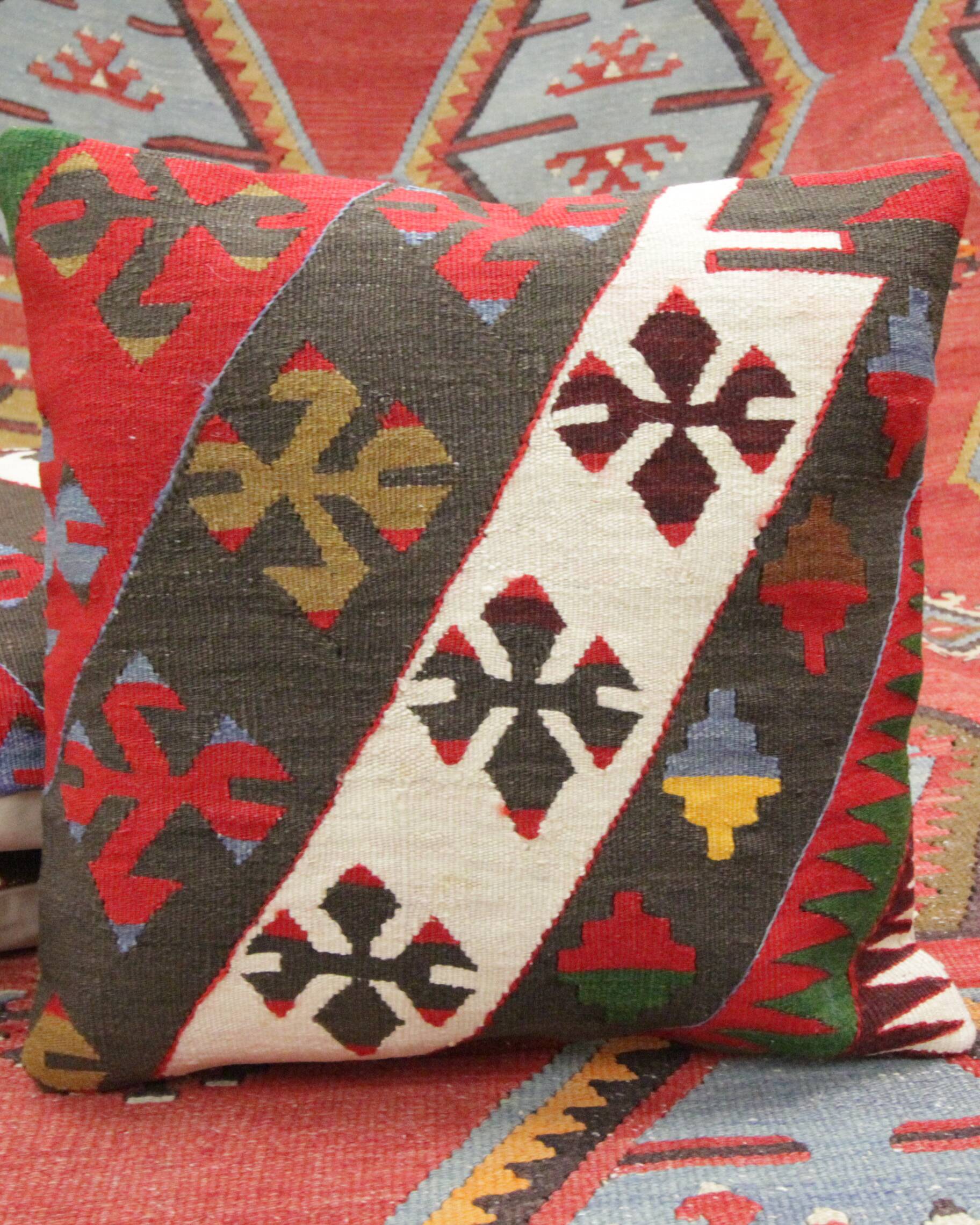 A Pair of Antique Turkish Flatwoven Kilim Cushion Cover, Geometric Pillow