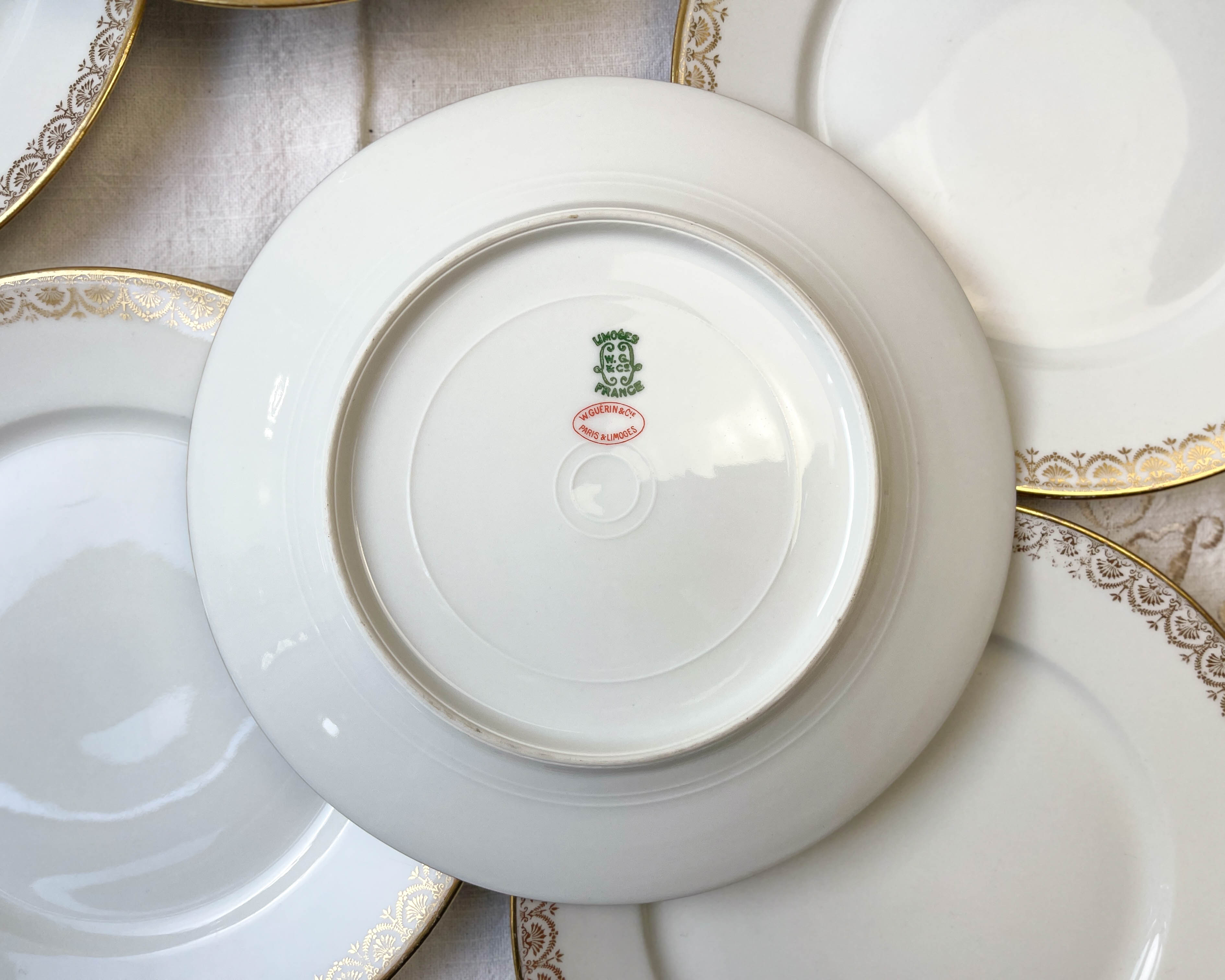 8 porcelain plates limoges w. guerin & cie blanche dorée
