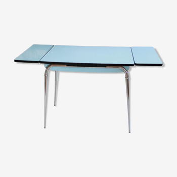 Table formica bleue rallonges et 2 tiroirs