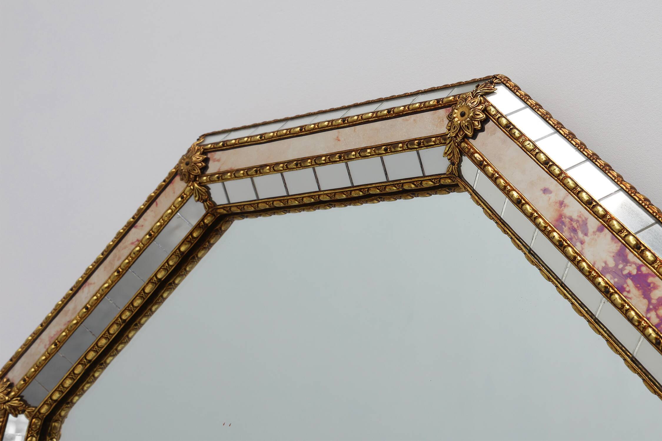 Venetian style octagonal mirror marked MGB, Planilux, Cristanola, Spain