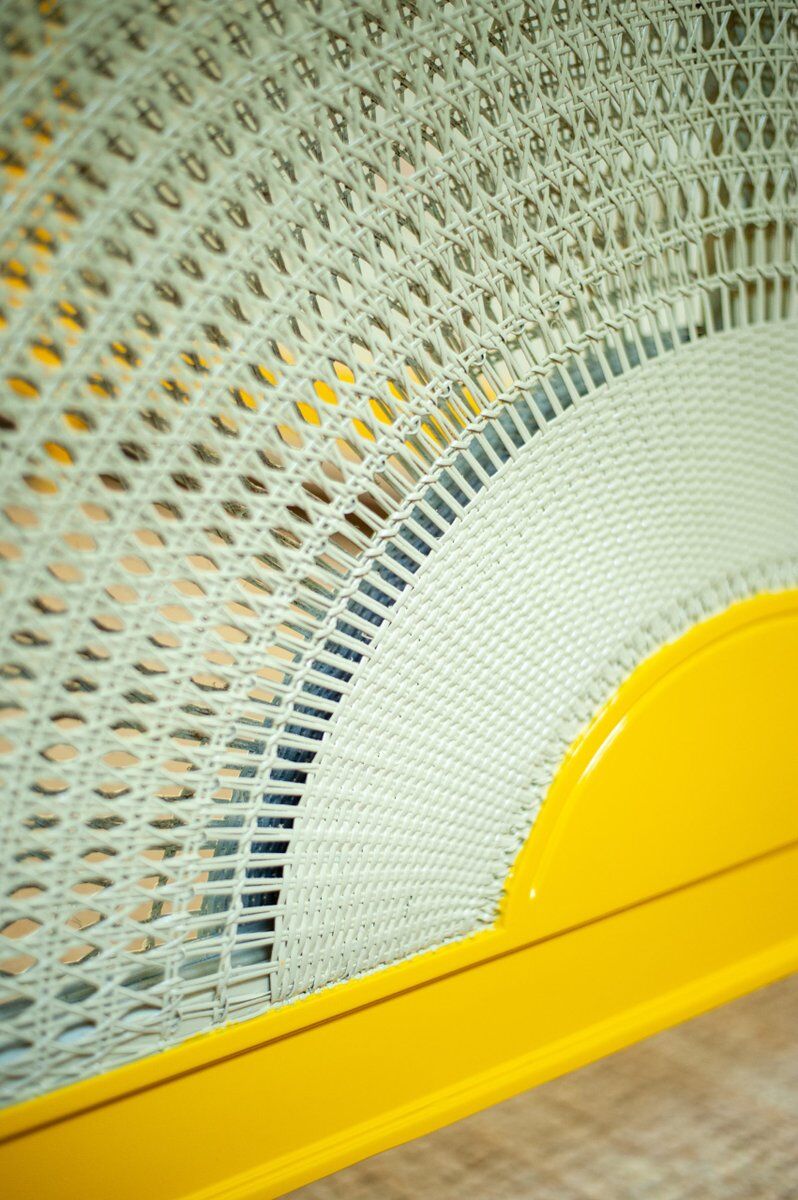 Yellow lacquered wooden bed with Vienna straw, 1980s