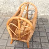 Magazine basket in vintage rattan and bamboo - heart pattern