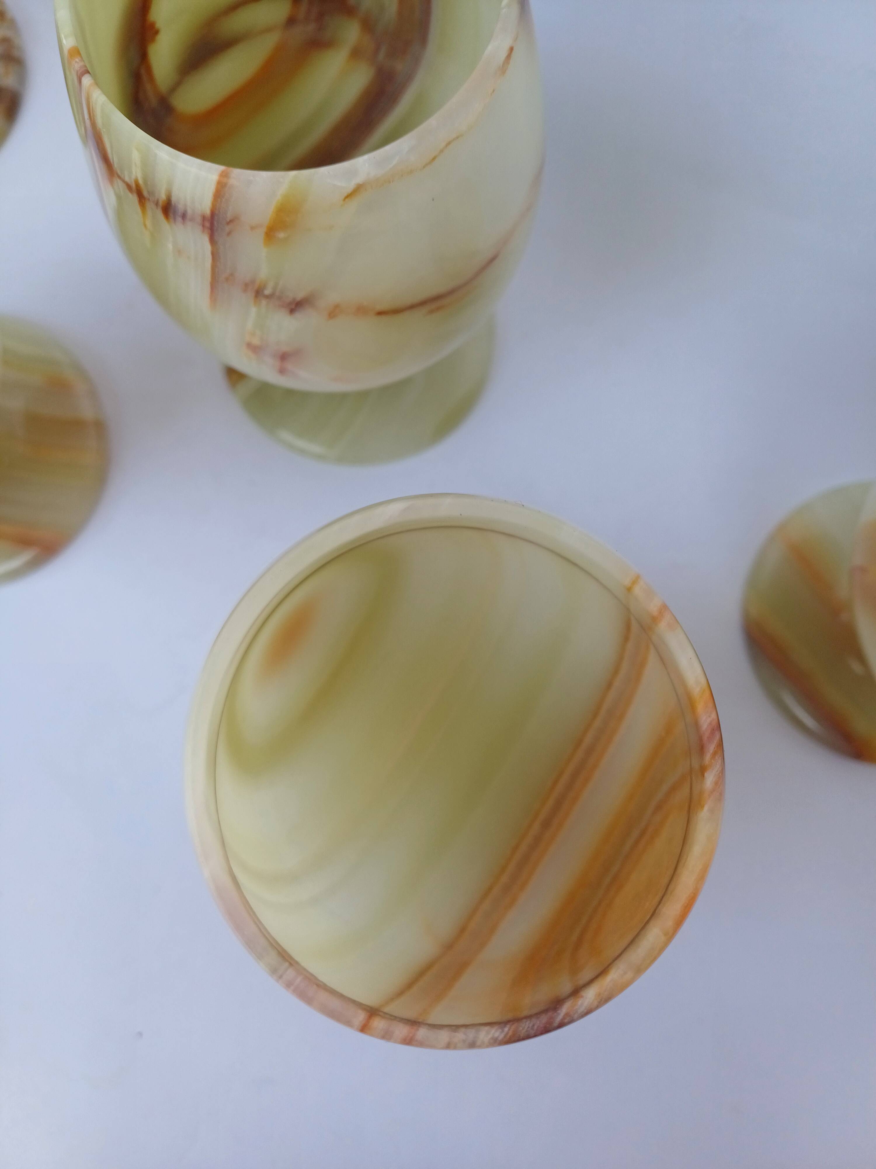 set of 6 green alabaster stone wine goblet stemmed glasses