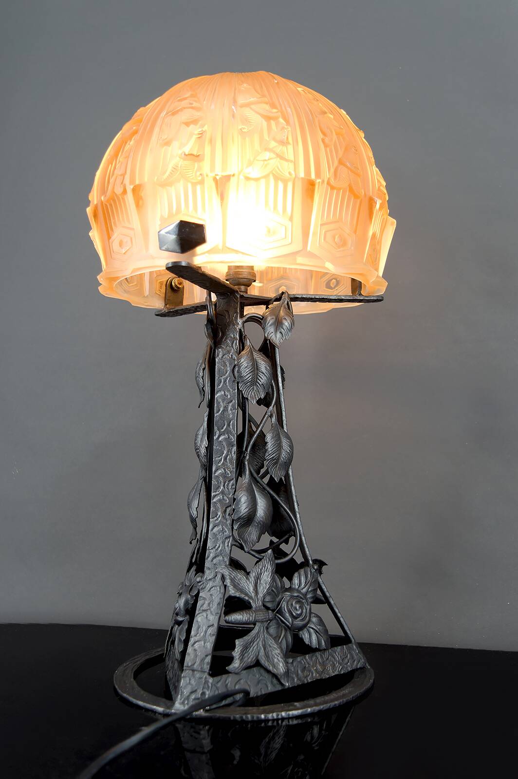 Important Art Deco Wrought Iron Lamp, by Bartelemie, France, Circa 1925