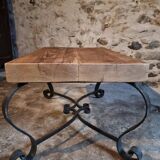 Vintage French coffee table from the 1960s – Rustic pine coffee table with a black iron base.