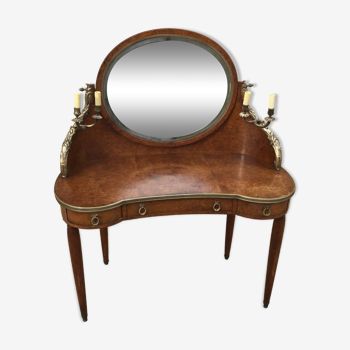 Art Deco dressing table in burl walnut and bronze sconces