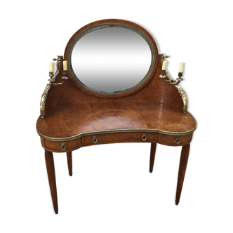 Art Deco dressing table in burl walnut and bronze sconces