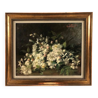 Jetée de fleurs blanches, huile sur carton signée C. Perreau et datée 1891