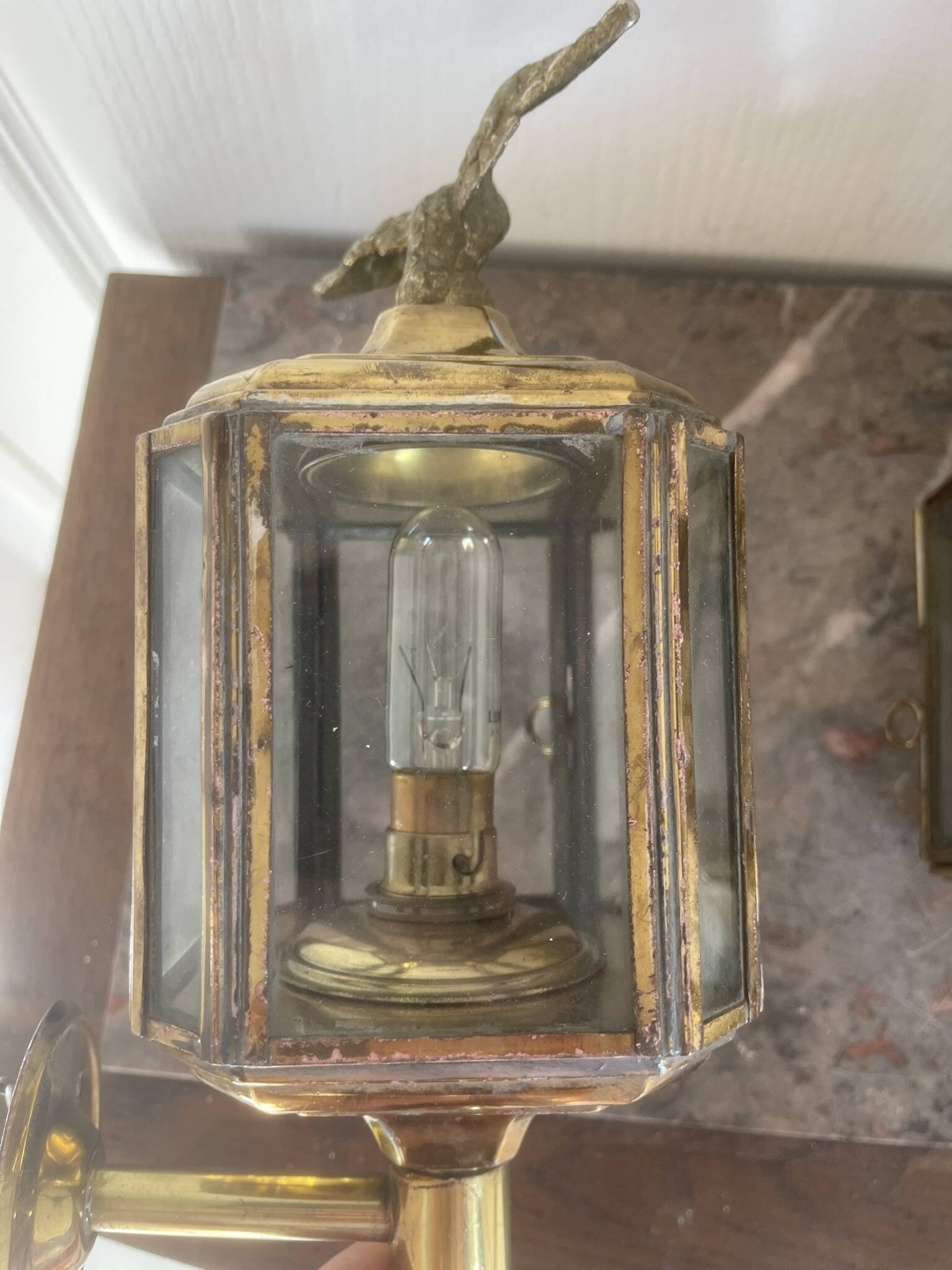 Old Pair of Gilded Brass Wall Lights in Carriage Lantern Eagle Empire Style