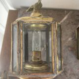 Old Pair of Gilded Brass Wall Lights in Carriage Lantern Eagle Empire Style