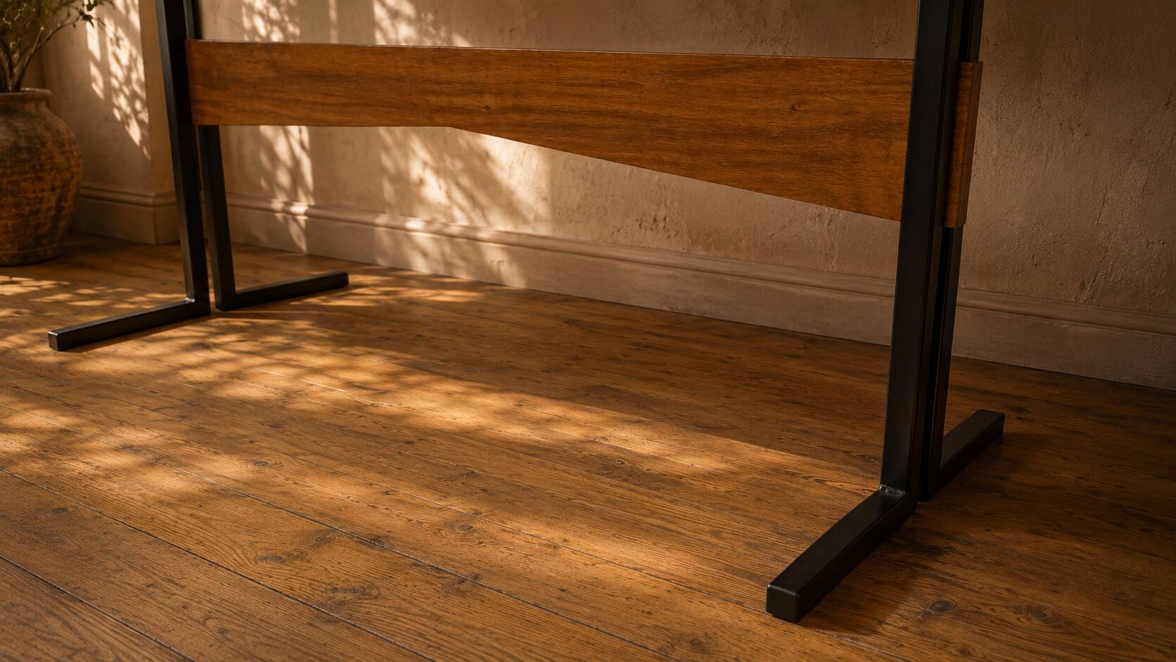 Vintage rectangular coffee table with a wooden top and black metal base, 1960s.