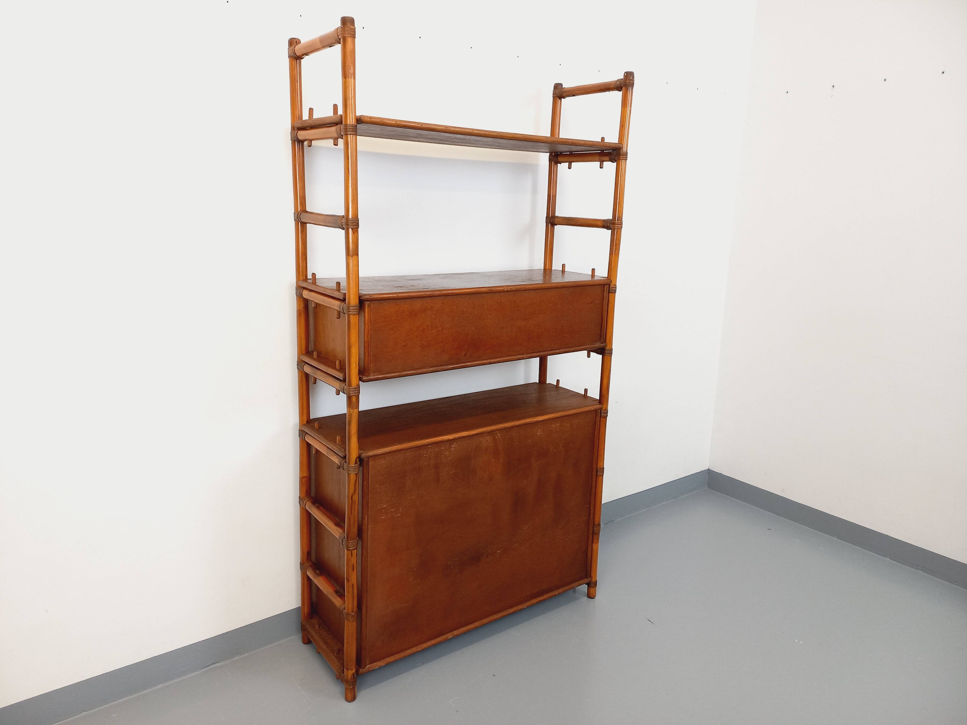 Large vintage rattan, wood and cane bookcase from the 70s