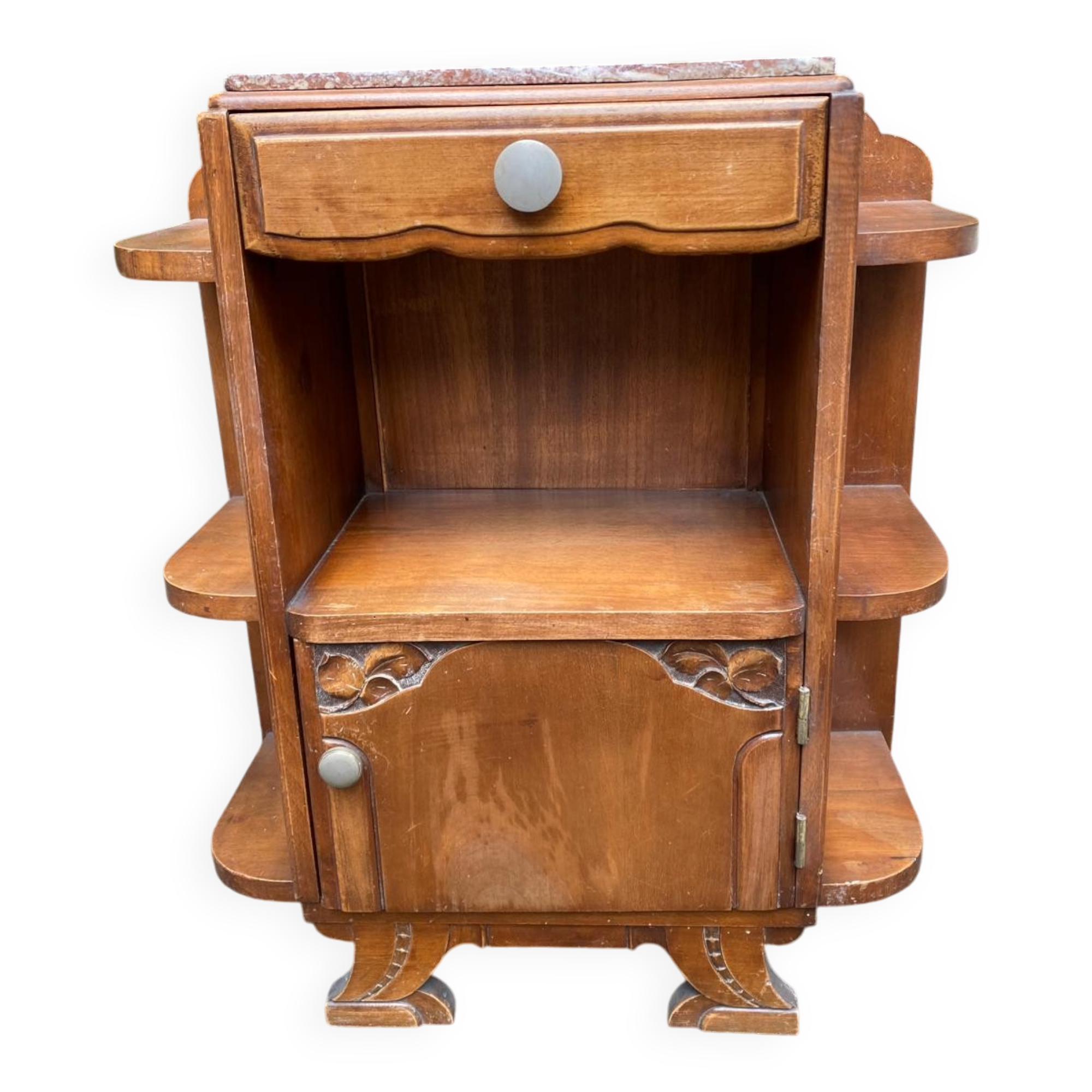Art Deco bedside table in solid oak and marble from the 1940s.