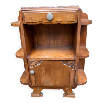 Art Deco bedside table in solid oak and marble from the 1940s.