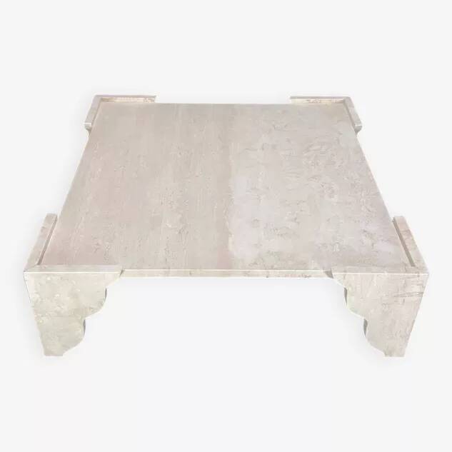 Large square coffee table in travertine by Claude Berraldacci. 1990s. France.