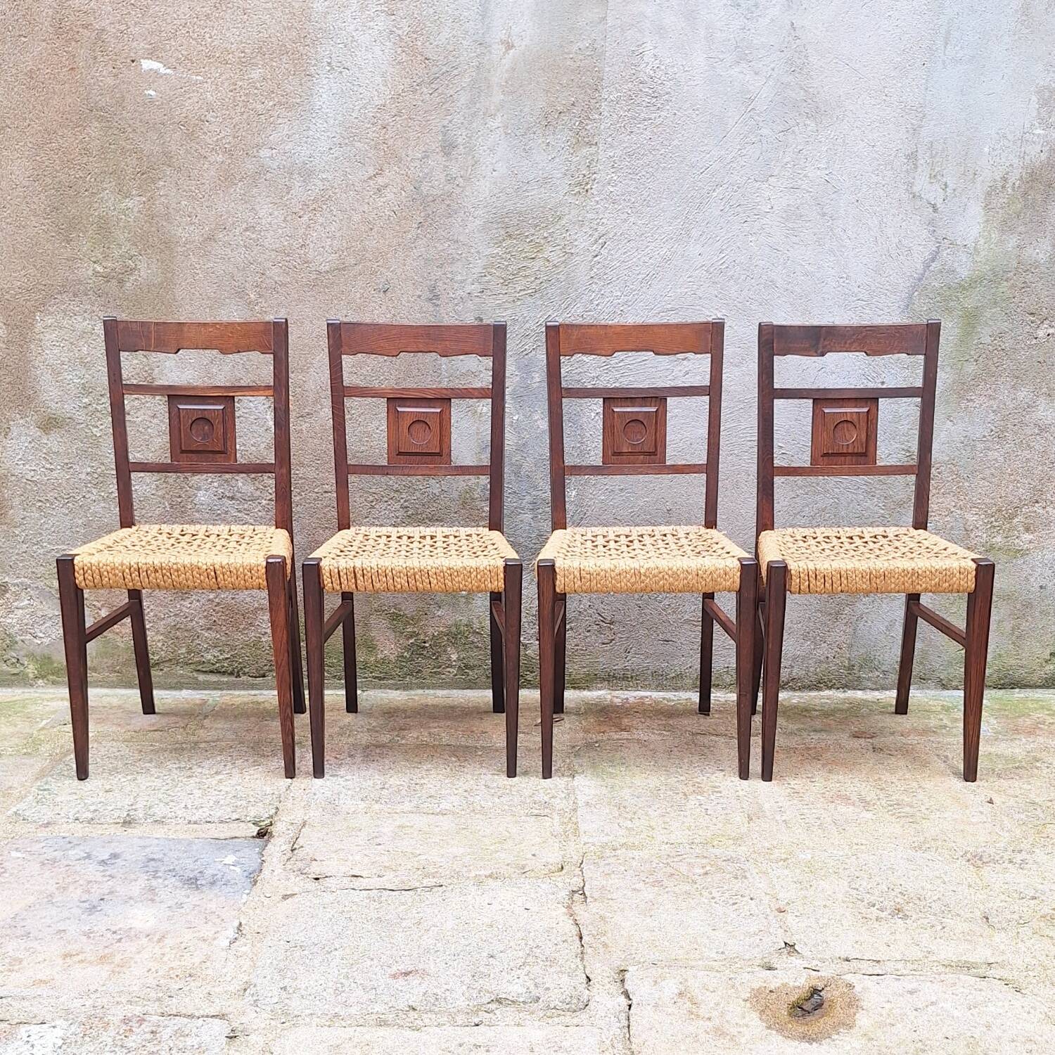 Set of 4 oak and rope chairs