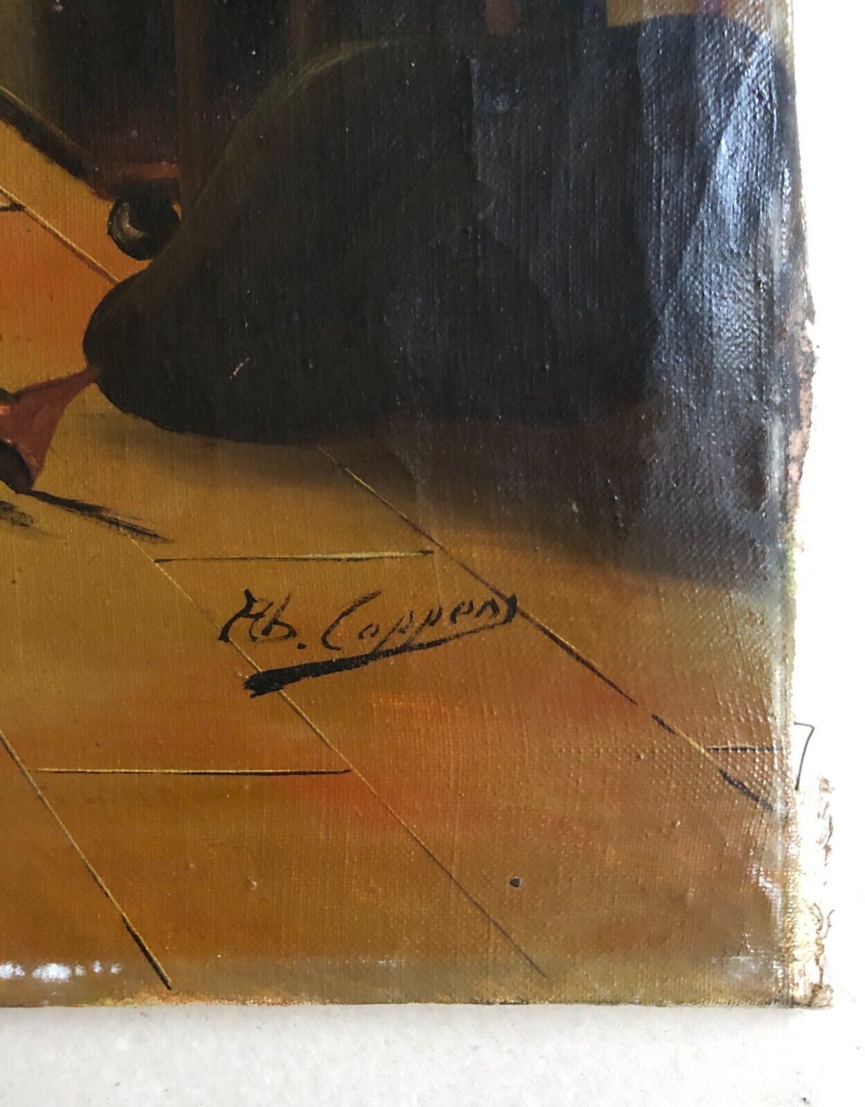 Mid century signed painting with Flemish interior