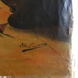 Mid century signed painting with Flemish interior