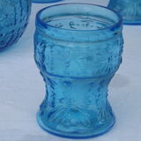Set of jug and 10 blue glass goblets with floral motifs