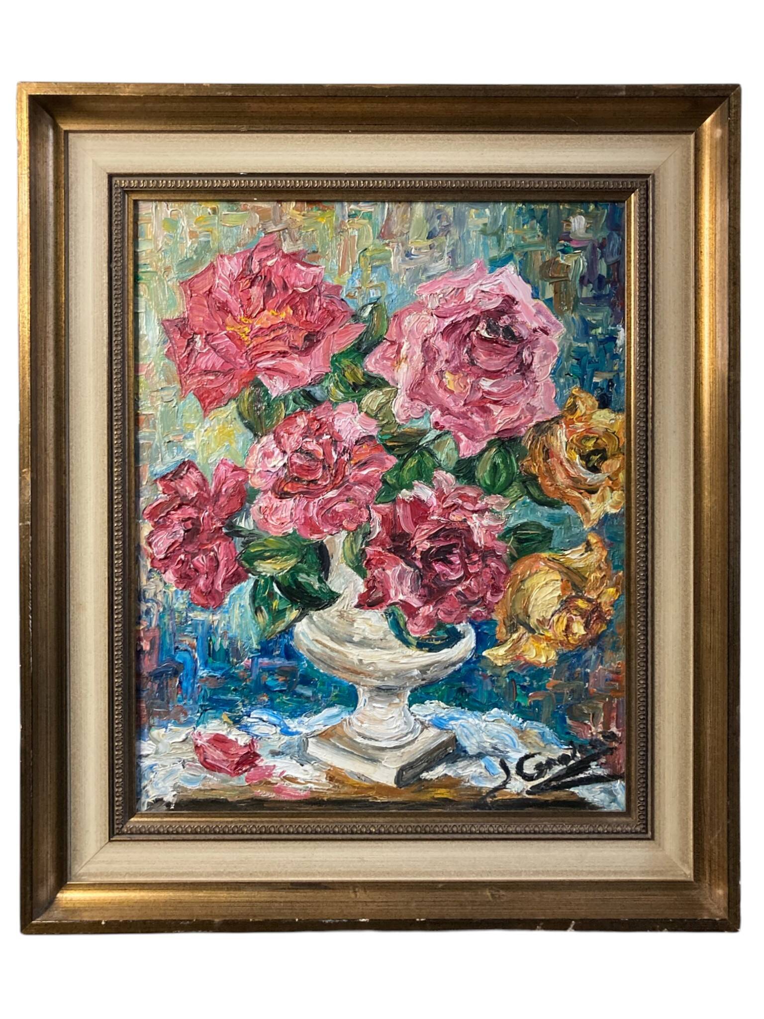 Oil on canvas still life with roses signed 20th century.