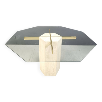 Vintage travertine and brass dining table by Artedi, 1970s