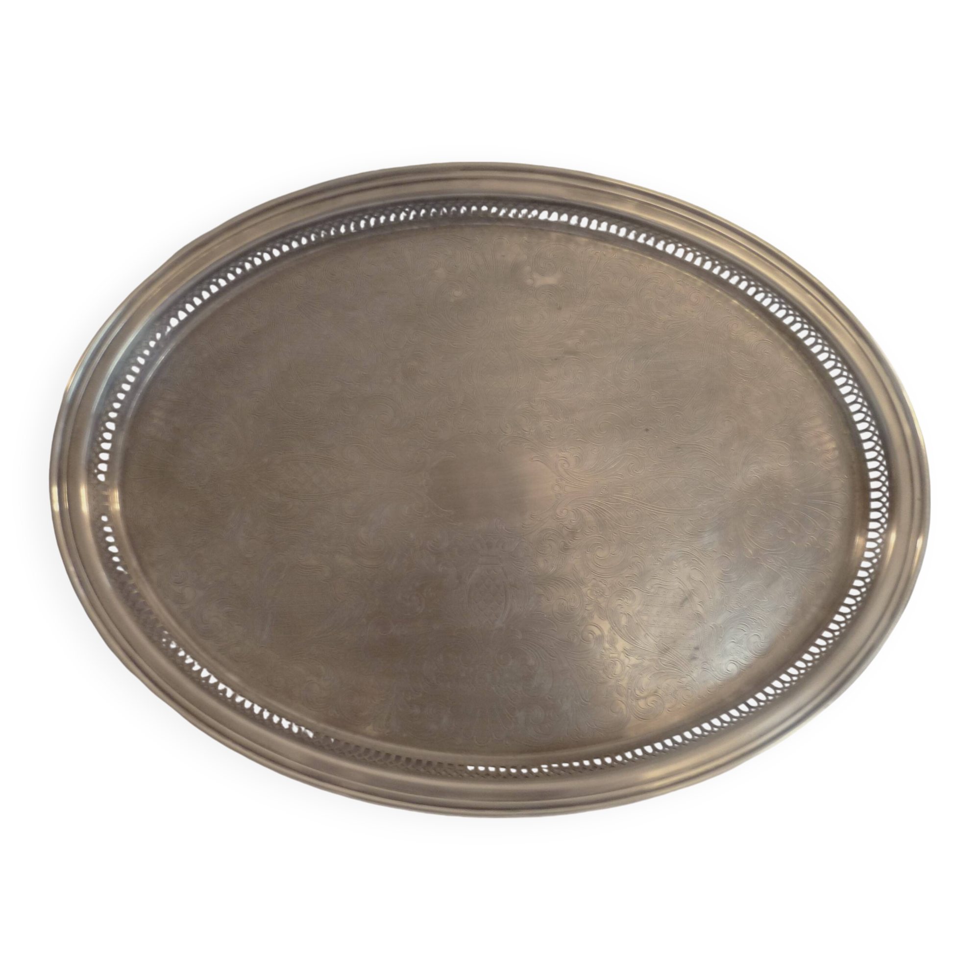 Large oval gallery serving tray in silver metal