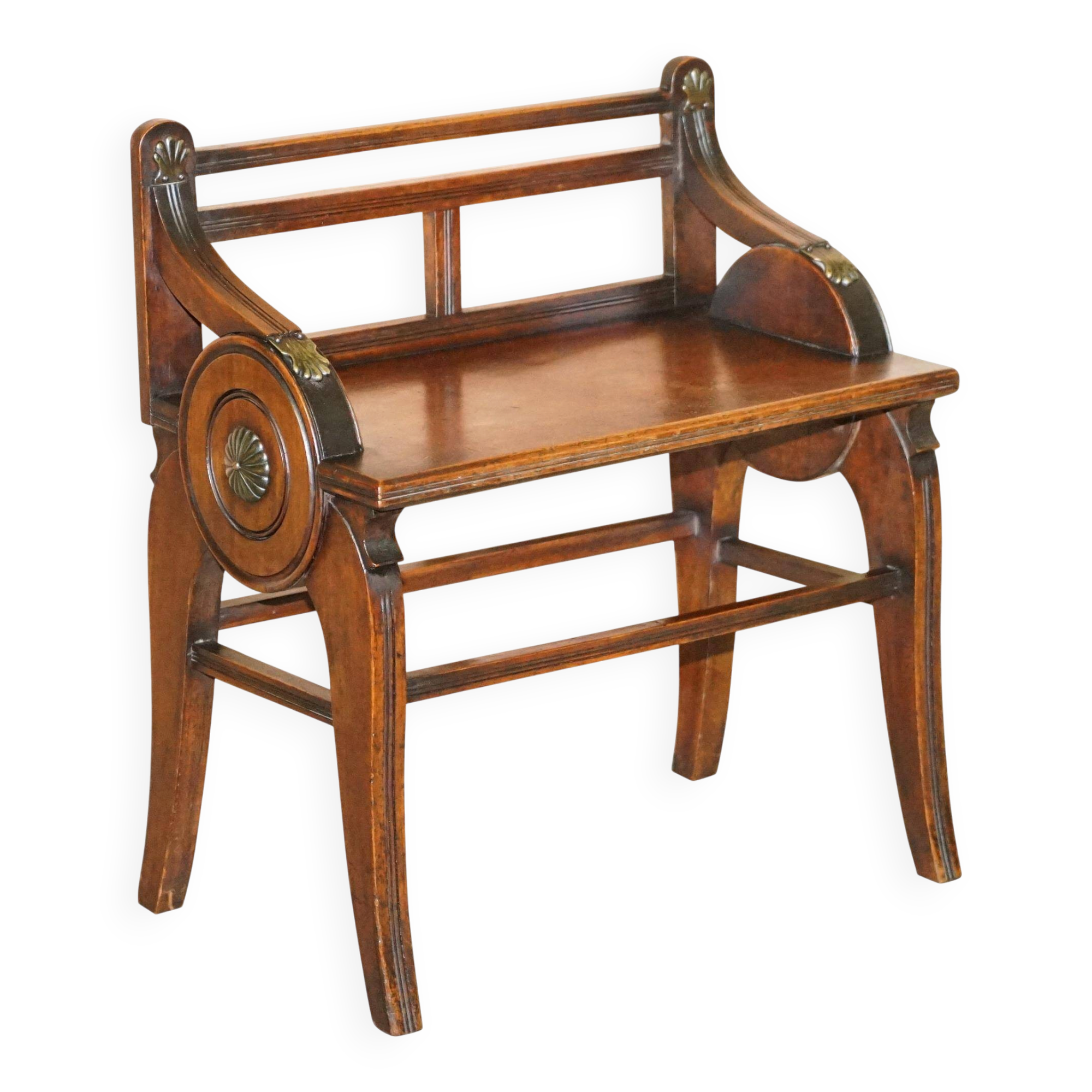 Antique entrance bench by Jas Shoolbred with brass fittings and walnut frame circa 1890.