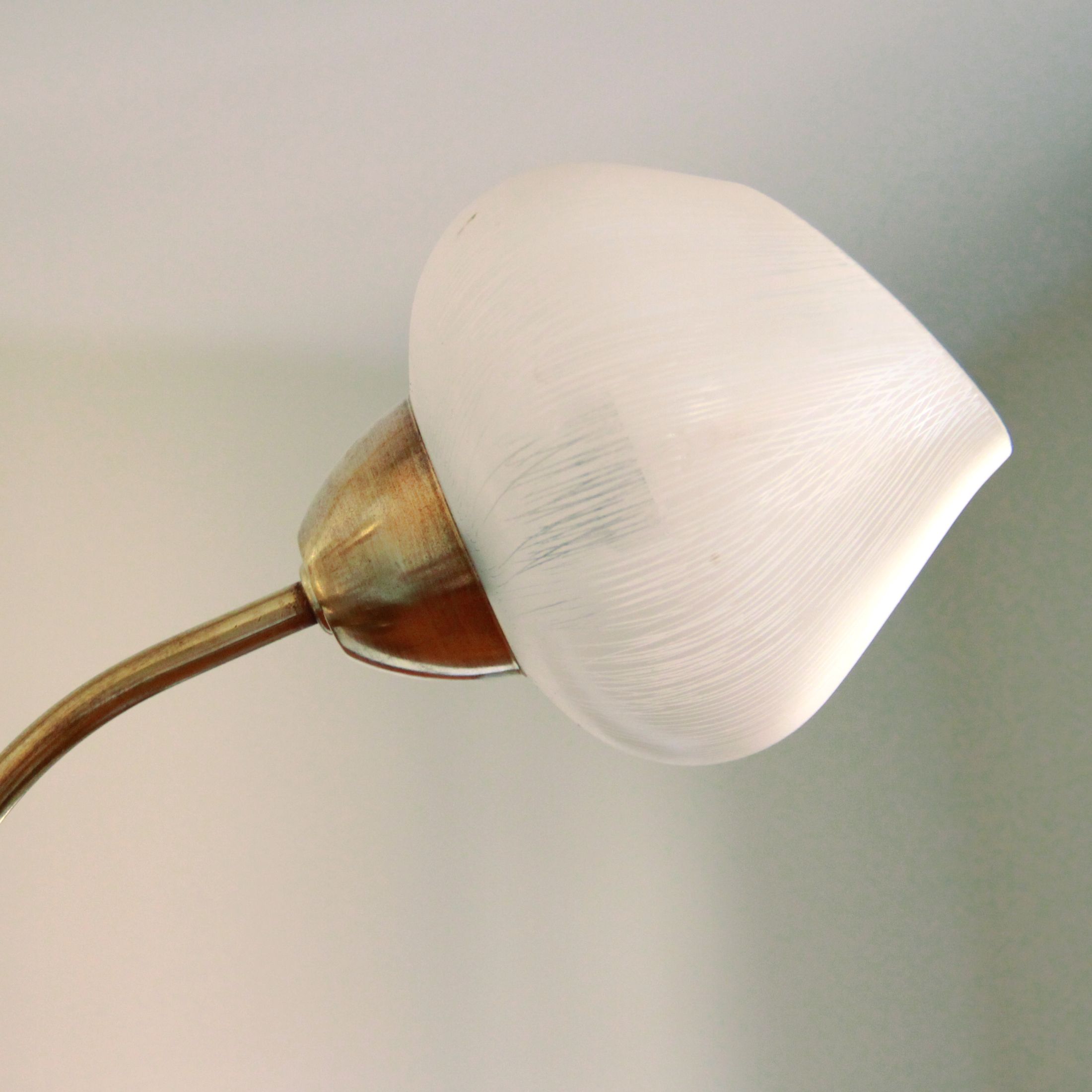 Vintage brass chandelier tulip white strié glass 1950 3 old light lights restored