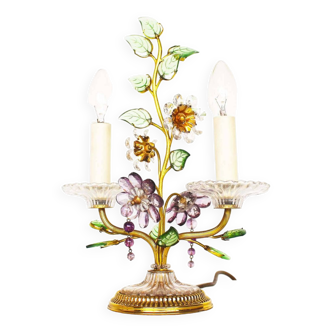 Incroyable grande lampe de table Floral dorée et cristal par Palwa