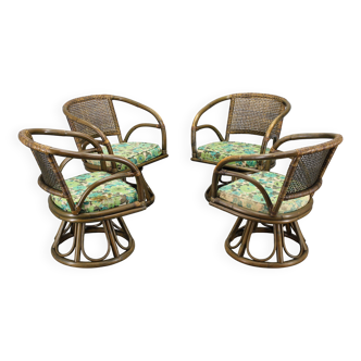 Ensemble de quatre fauteuils en rotin avec coussins en tissu, années 1980