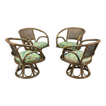 Ensemble de quatre fauteuils en rotin avec coussins en tissu, années 1980