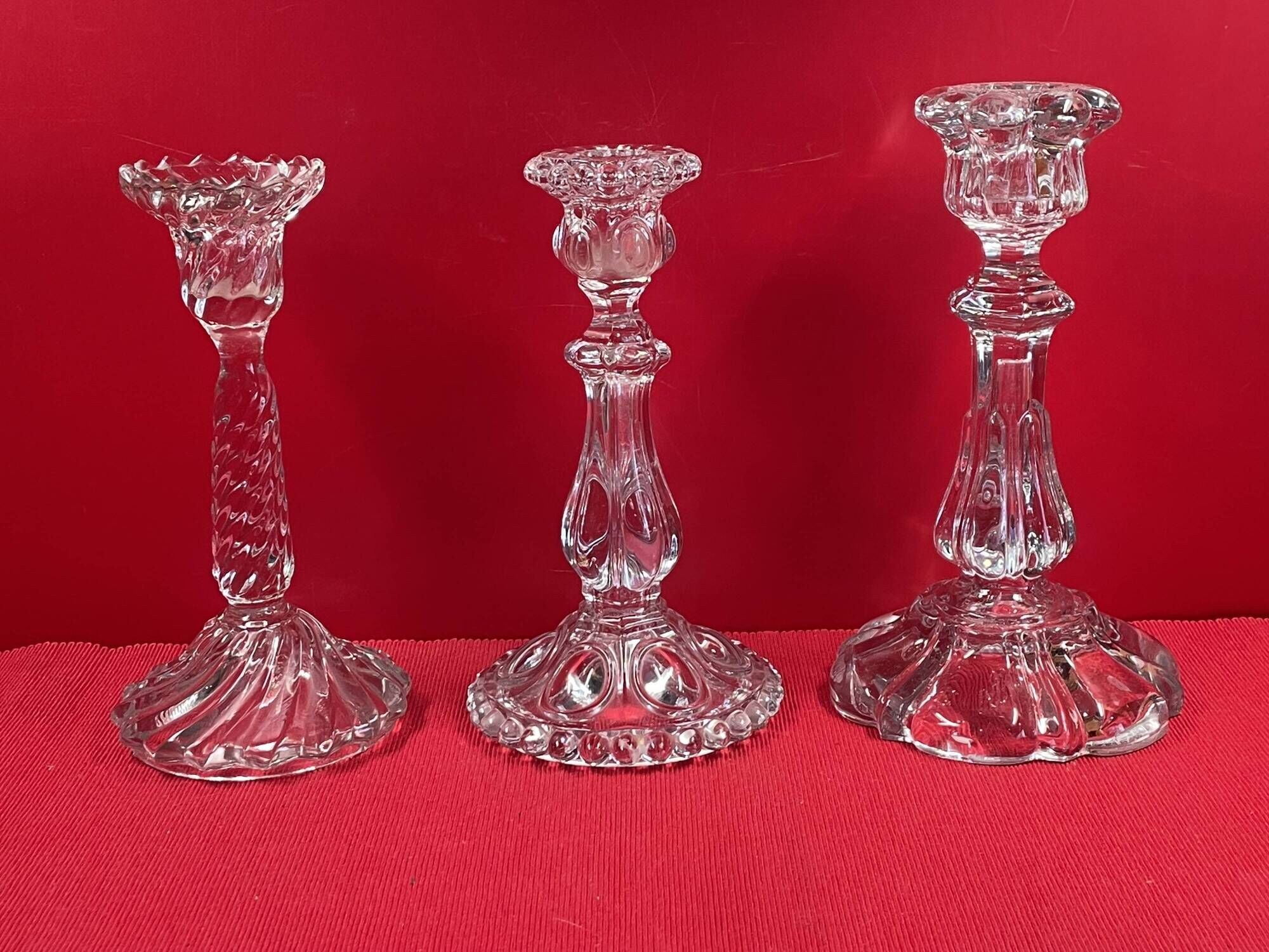 Set of 3 different candle holders, molded glass, very trendy 20 to 22 cm