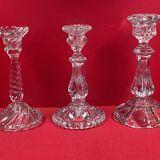 Set of 3 different candle holders, molded glass, very trendy 20 to 22 cm
