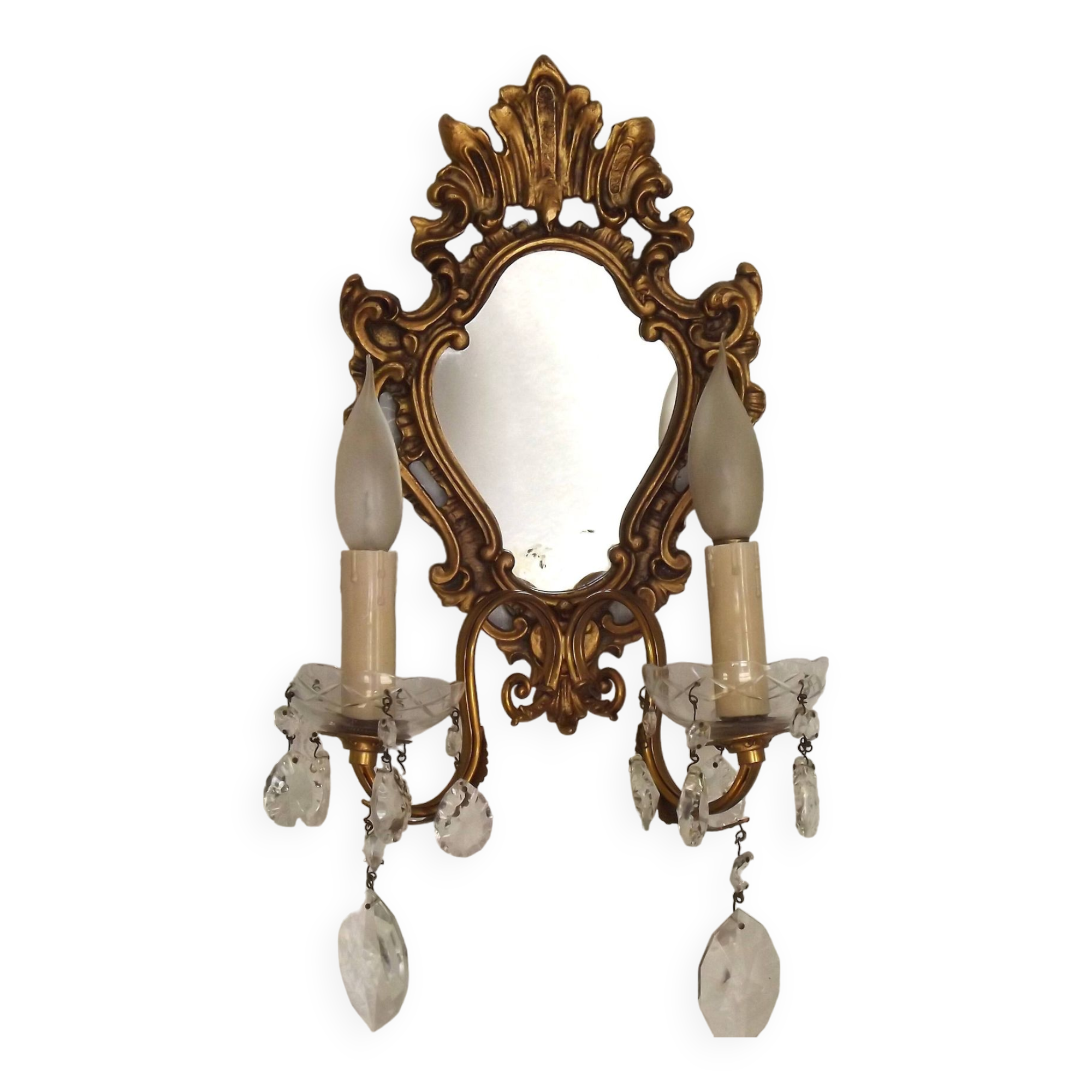 French Antique Gilt Bronze Double Light Crystal Mirrored Wall Sconce 4806