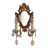 French Antique Gilt Bronze Double Light Crystal Mirrored Wall Sconce 4806