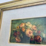 Huile nature morte, cadre bois vitré