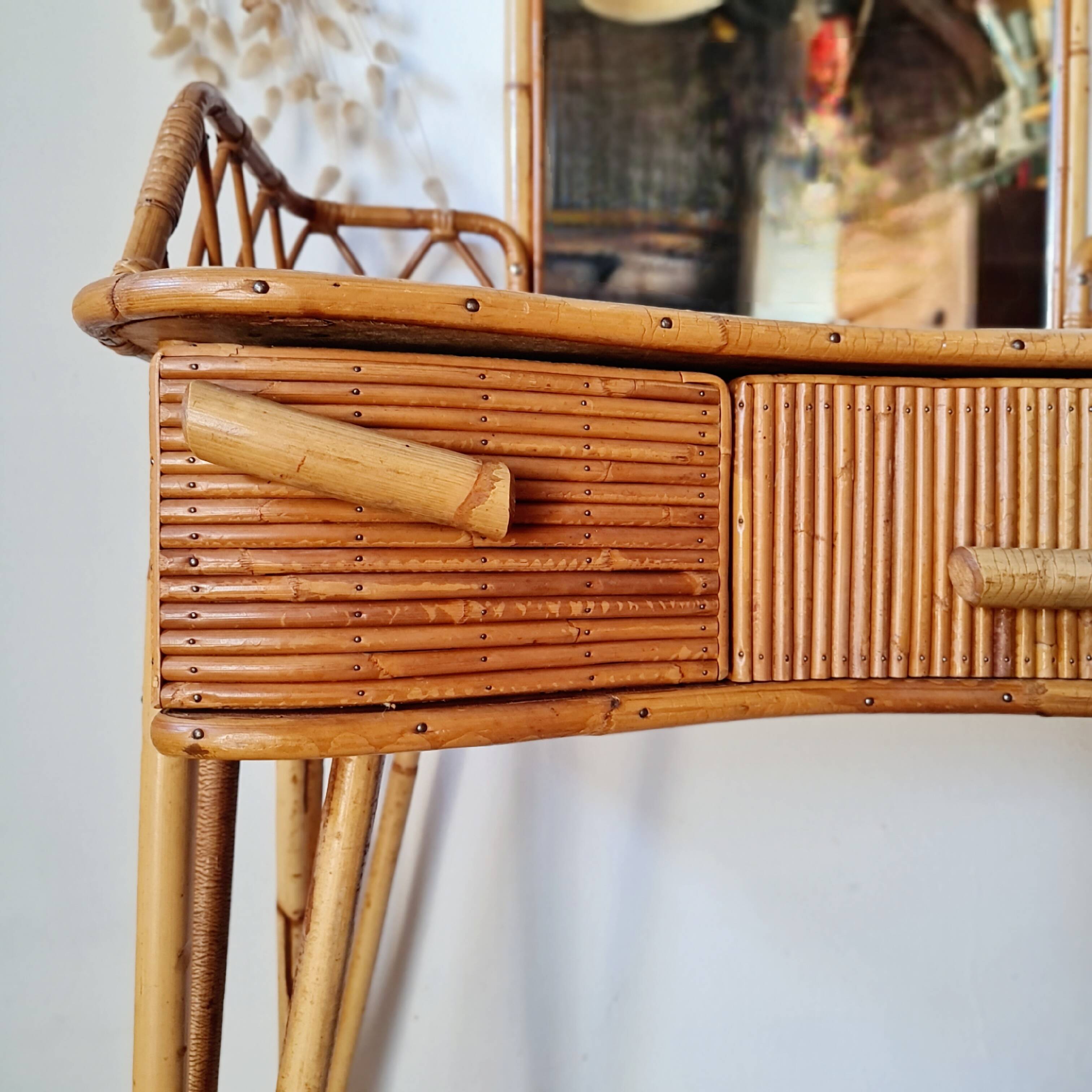 Rattan and bamboo dressing table with mirror – 1960s