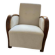 Set of 2 Hungarian Art Deco armchairs from the 1930s — brown wood, cream and beige fabric.
