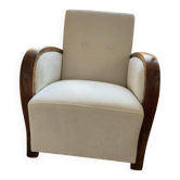 Set of 2 Hungarian Art Deco armchairs from the 1930s — brown wood, cream and beige fabric.