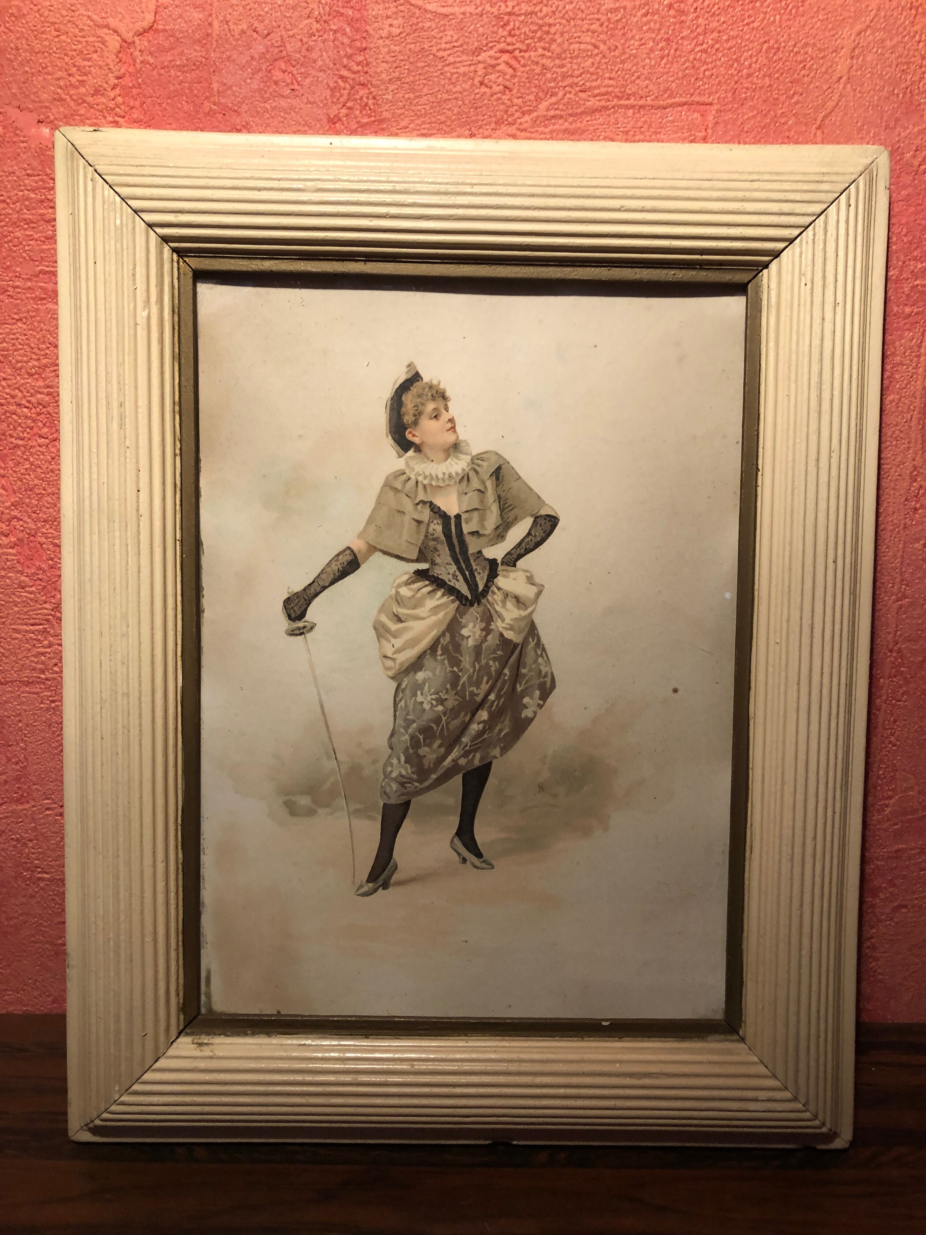 Pair Old Fashion Engraving Color + Frame Wood Vintage Cream