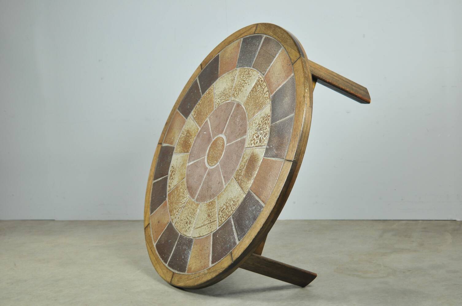 Vintage round coffee table with ceramic tiles by Danish artist TUE POULSEN,
